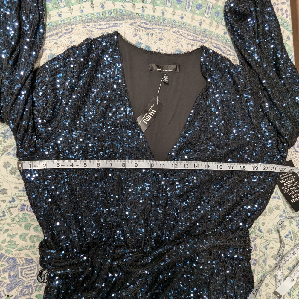 Old Hollywood Glam Blue Sequin Cocktail Party Long Sleeve Blouson Mini Dress - Picture 9 of 12
